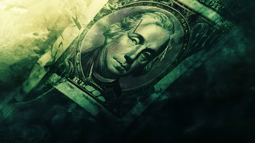 Striking close-up of dollar bill art bathed in moody green light