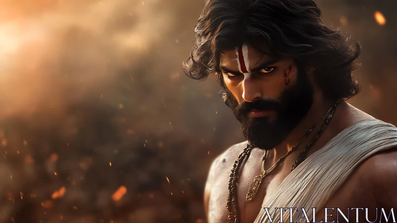 Warrior portrait with volumetric lighting and ember particle field