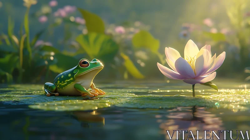 Tree frog beside glowing lotus on sunlit pond surface.