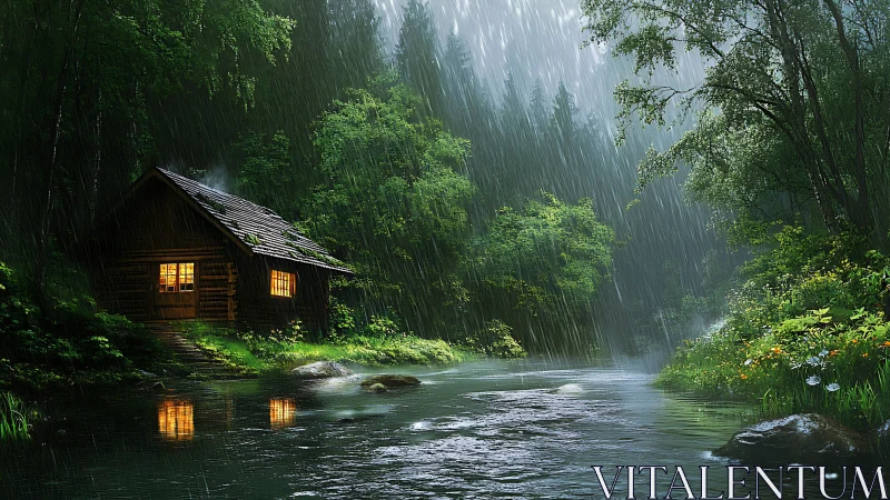 Rain-soaked forest cabin beside reflective river under dusk.
