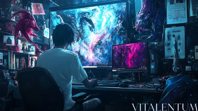 Nighttime digital dreamer surrounded by glowing cyber art.