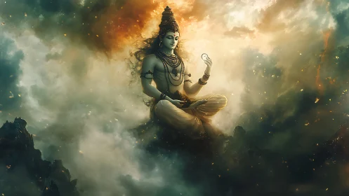 Serene deity meditates in swirling cosmic golden clouds