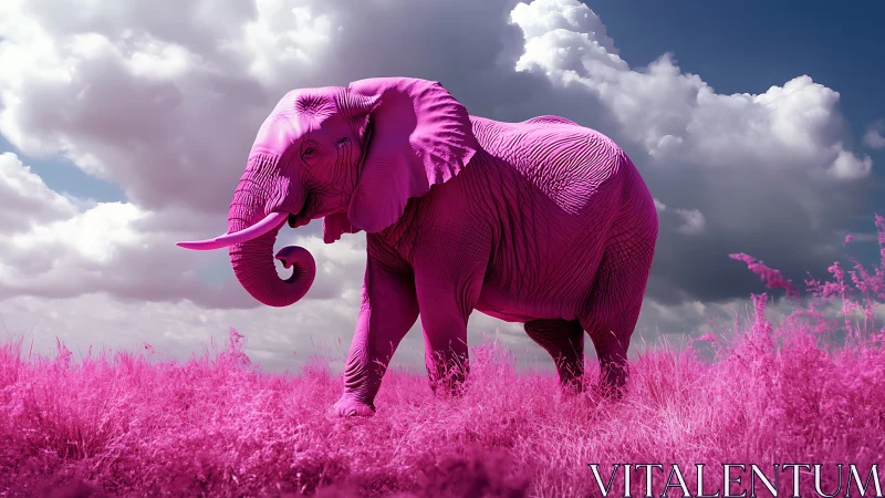 Pink elephant in grassland under cloudy daytime sky.
