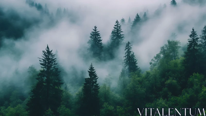 Forest landscape with coniferous trees obscured by dense atmospheric fog