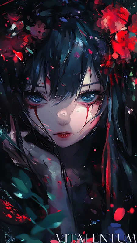 Crimson-lit ethereal girl portrait with abstract floral shards.