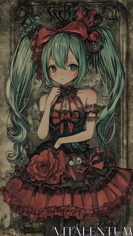 Gothic lolita anime girl rendered with muted vintage palette