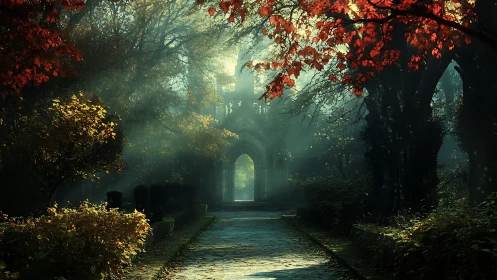 Sunlit forest archway inviting quiet, wandering daydreams.