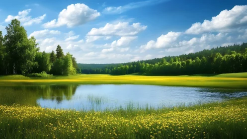 Lake, meadow and forest under partly cloudy blue sky.