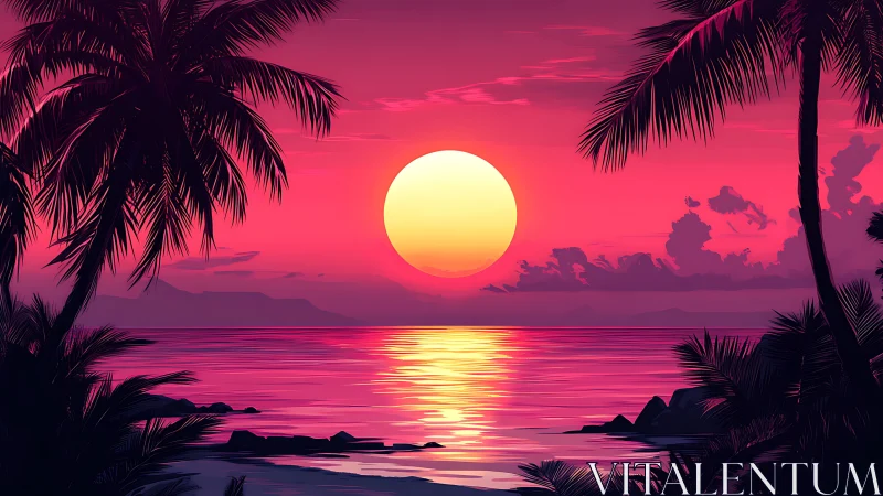 Neon tropical sunset ignites calm palm-framed shoreline.