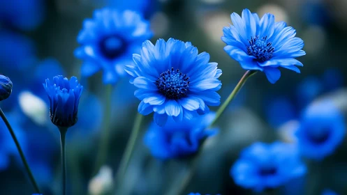 Blue Gerbera Daisies in Selective Focus Garden Setting.