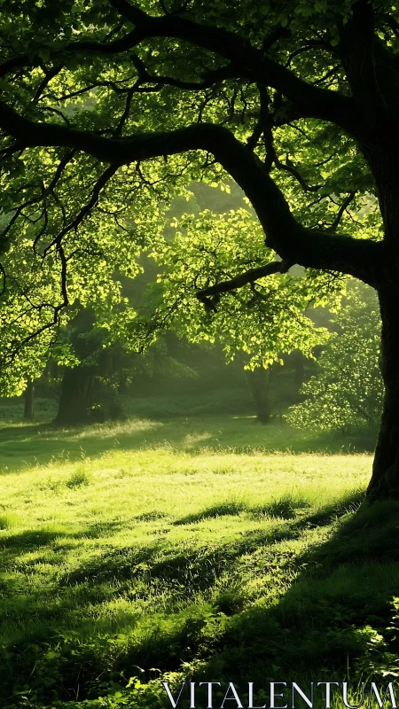 Backlit woodland canopy frames sunlit meadow in soft haze
