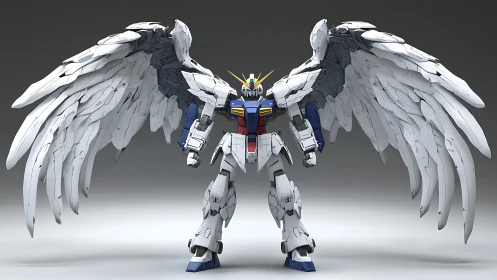 Winged bipedal combat mecha in symmetric frontal deployment.