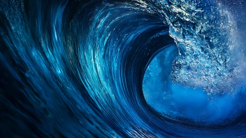 Powerful blue ocean wave curls inward in dynamic motion