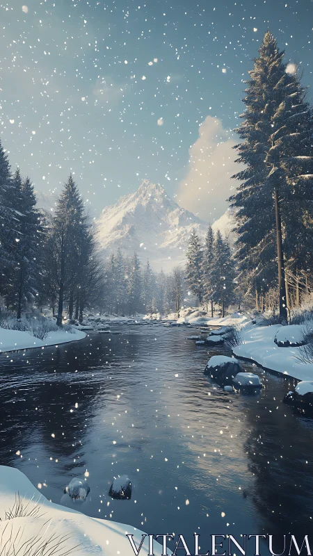 Snowfall over pine forest river with distant mountain peak.