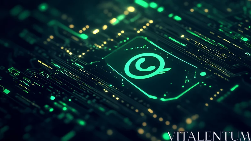 Glowing neon WhatsApp chip on futuristic circuit board.