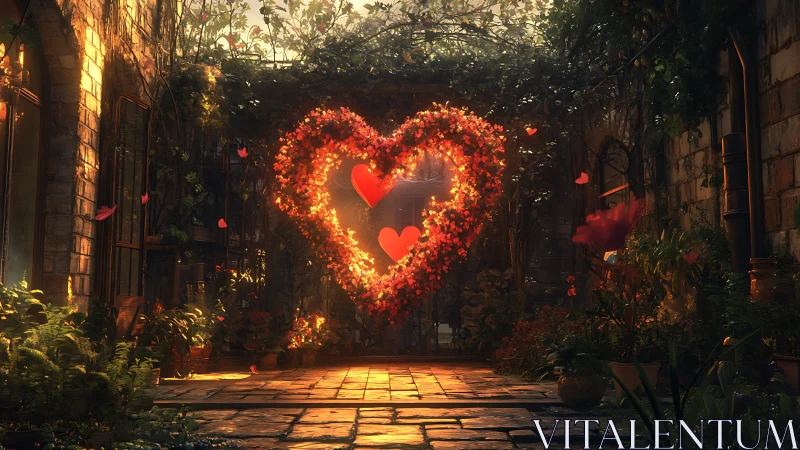 Illuminated heart-shaped floral arch in courtyard with glowing lights