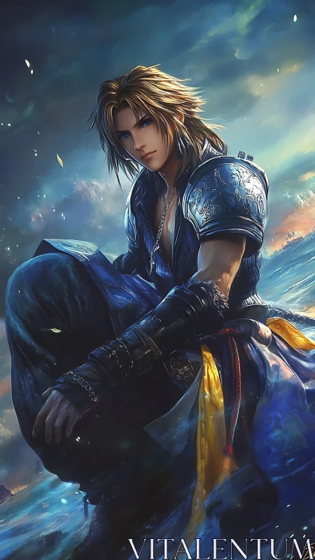 Stormlit wanderer resting in a swirling ocean dreamscape.