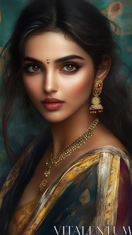 Elegant digital portrait of woman in ornate golden saree
