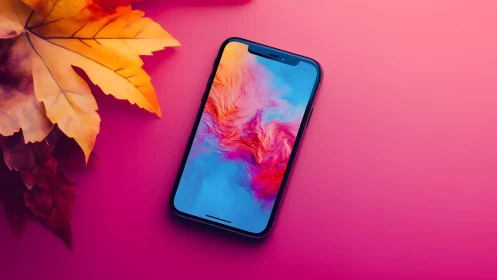 Modern smartphone with abstract screen on pink autumn background.