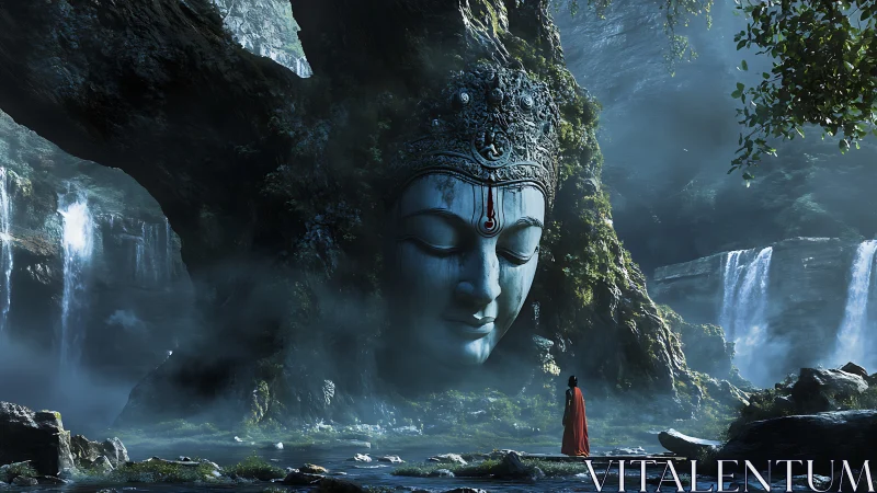 Monumental stone face embedded in forest cliffside scene.