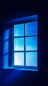 Blue interior wall with luminous six-pane rectangular window.