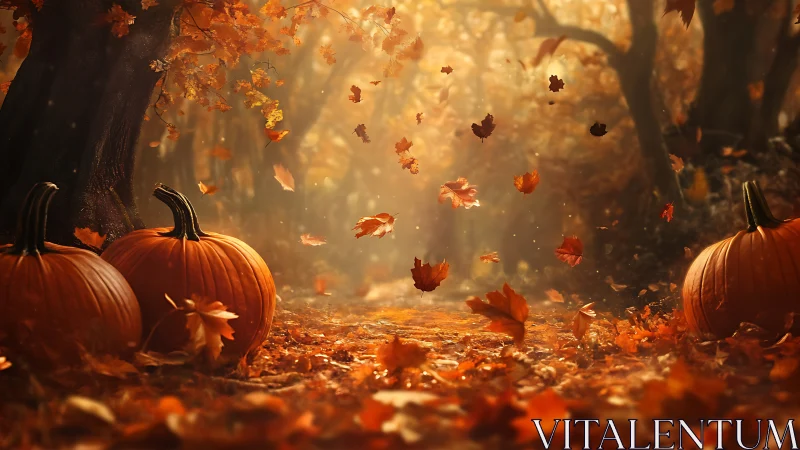 Falling leaves move above pumpkins on a forest path
