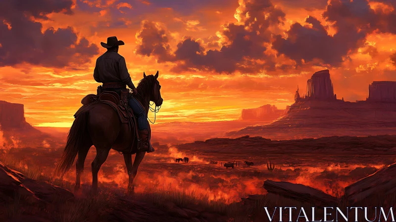 Digital western landscape with silhouetted cowboy at sunset.