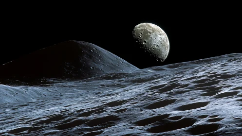 Lunar surface with cratered moon against deep black sky.