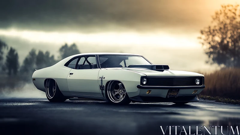 Storm-chasing muscle car idles in brooding golden mist.