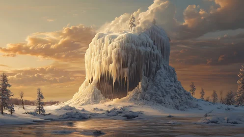 Frozen monolith under sunset sky with glowing icicles.