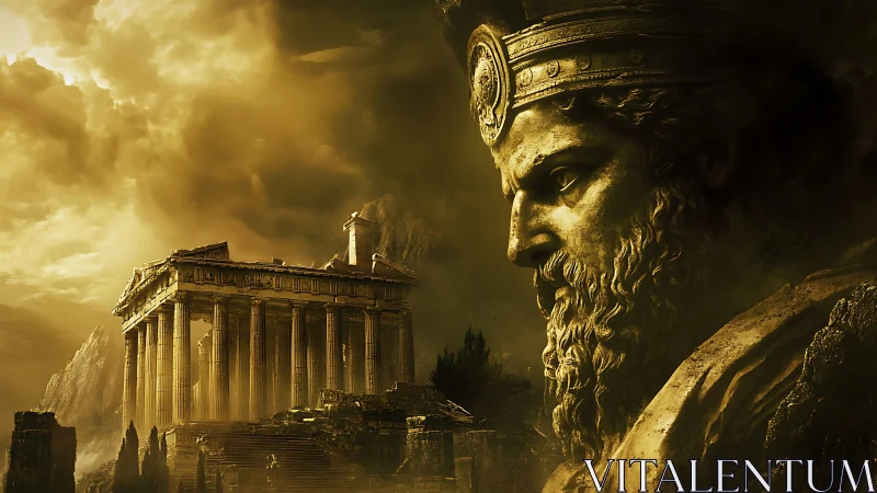 Mythic Greek temple and colossal golden deity in stormlight.