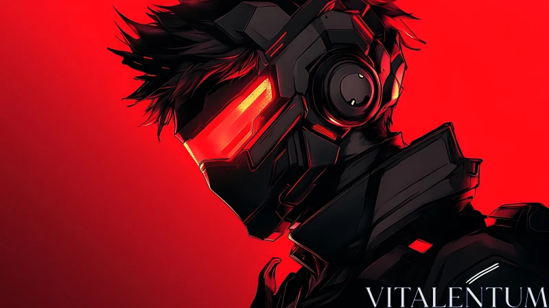 Neon cyber warrior gazes ahead in bold red futuristic glow
