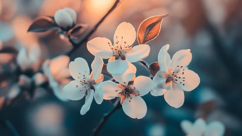 Delicate Spring Blossoms Glowing in Golden Sunset Light