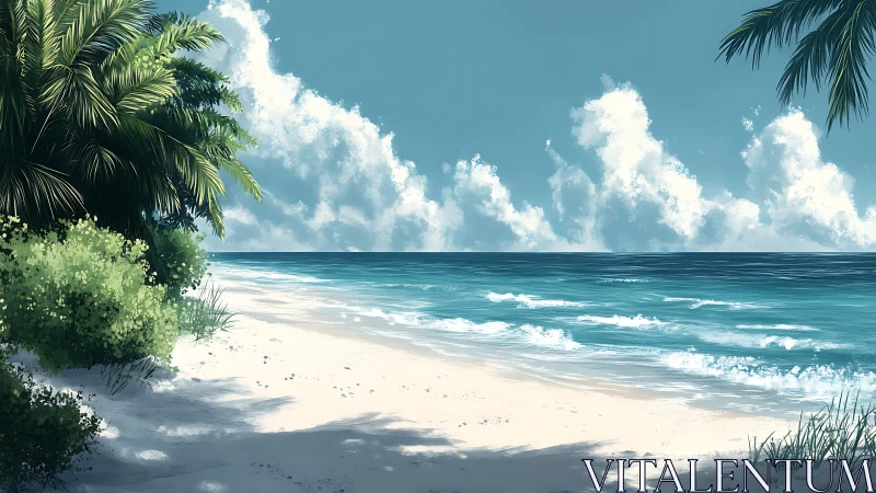 Tropical Beach Scene with Palm Trees and Turquoise Ocean Waves