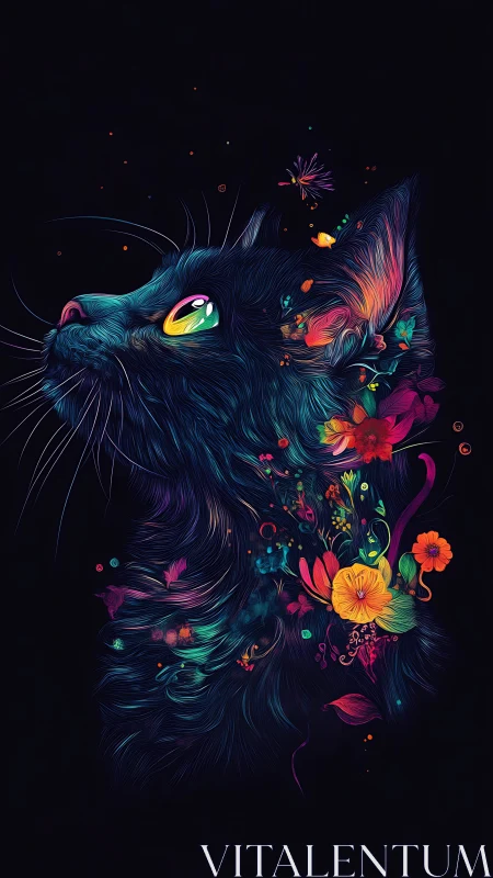 Chromatic Feline Portrait with Bioluminescent Eyes and Procedural Floral Elements