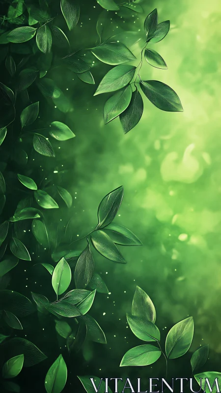 Whispering emerald leaves drifting through glowing forest air.