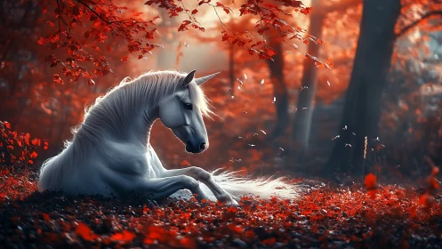 Moonlit unicorn dozes beneath a blazing crimson canopy