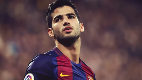 Determined young soccer player gazes up under stadium lights
