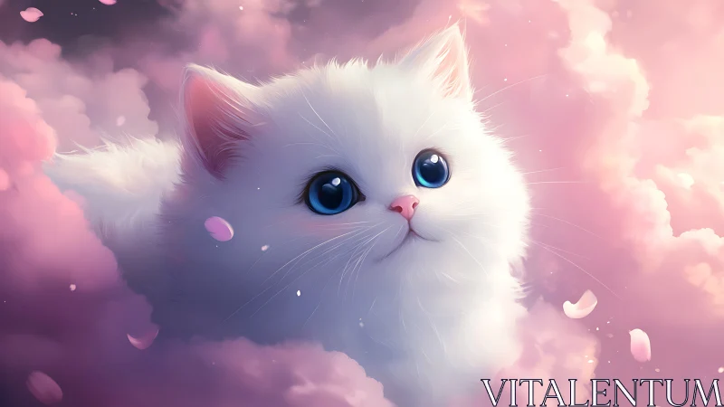 Dreamy White Kitten Among Soft Pink Clouds.