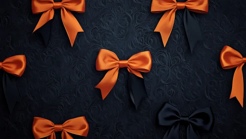 Elegant Orange Bows on Ornate Dark Damask Background Pattern.