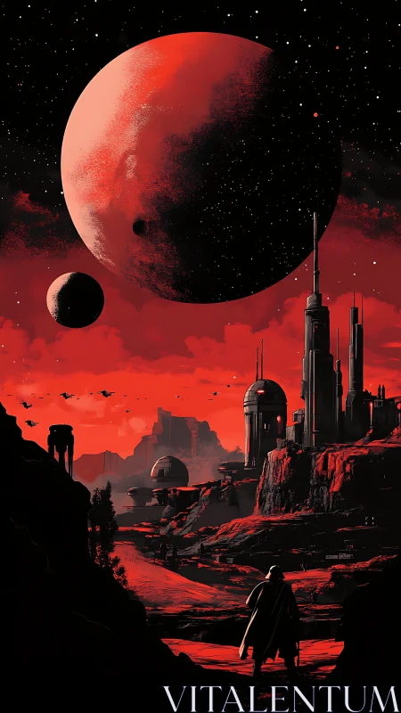 Crimson colony beneath looming twin moons and starfields.