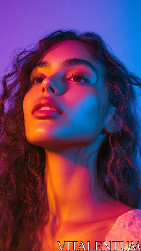 Female portrait under multicolor gradient studio lighting.