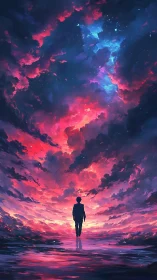 Lone figure walks into a neon storm of cosmic twilight skies