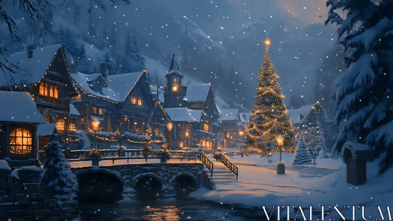 Snow-covered village square displays winter illumination at night