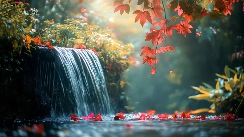 Tranquil forest waterfall glows through soft autumn light