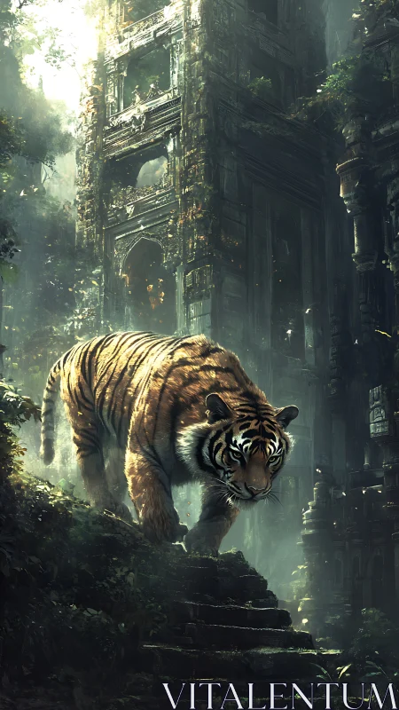 Tiger descending stone steps before ancient jungle ruins.
