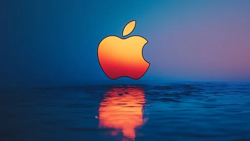 Sunset apple emblem drifting over neon twilight water.