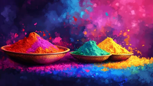 Digital painting of vibrant Holi pigment mounds on ornate bowls.