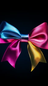 Vibrant Multi-Colored Silk Ribbon Bow Against Dark Background.