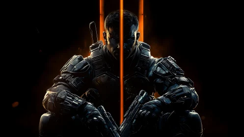 Armored soldier posed with weapons in dark neon lighting.